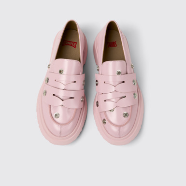 Overhead view of Twins Pink Leather Moccasins for Men.