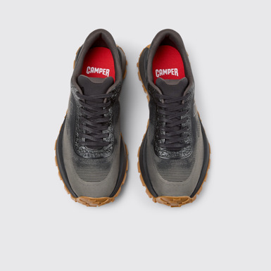 Overhead view of Drift Trail Black and Gray Recycled Engineered Materials and Leather Sneakers for Men.