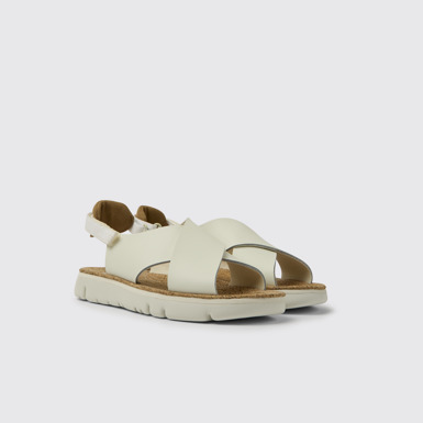 Front view of Oruga White leather and recycled PET sandals for women