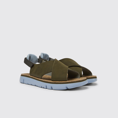 Front view of Oruga Green, blue, and grey sandals for women