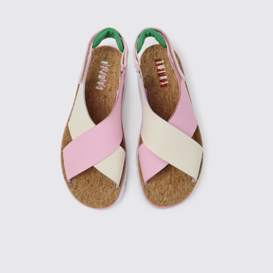 Overhead view of Twins Pink, white, and green sandals for women