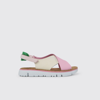 Side view of Twins Pink, white, and green sandals for women