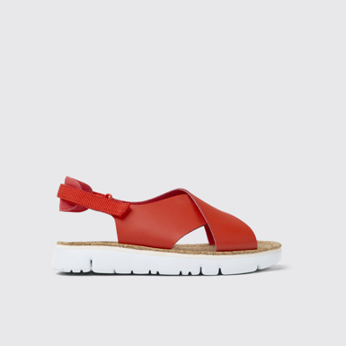 Side view of Oruga Red leather and textile sandals for women