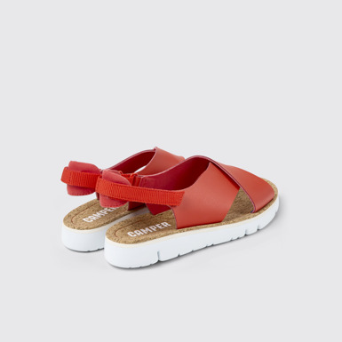 Back view of Oruga Red leather and textile sandals for women