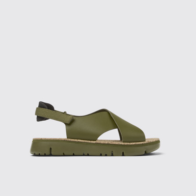 Side view of Oruga Green Leather/Textile Sandal for Women