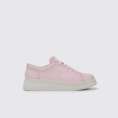 Side view of Runner Up Pink leather sneakers for women