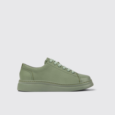Side view of Runner Up Green leather sneakers for women