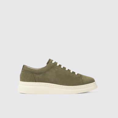 Side view of Runner Up Green nubuck sneakers for women