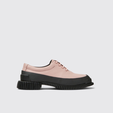 Side view of Pix Pink and black leather lace-up shoes for women