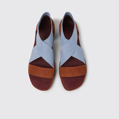 Overhead view of Right Red and blue nubuck sandals for women