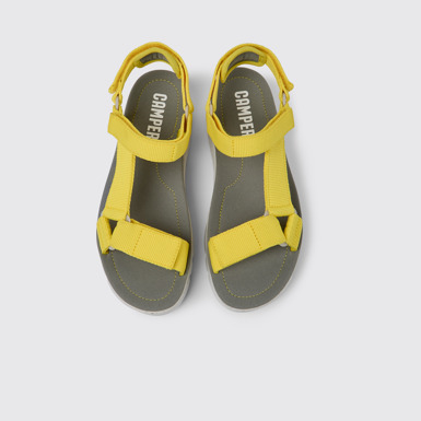 Overhead view of Oruga Up Yellow recycled PET sandals for women