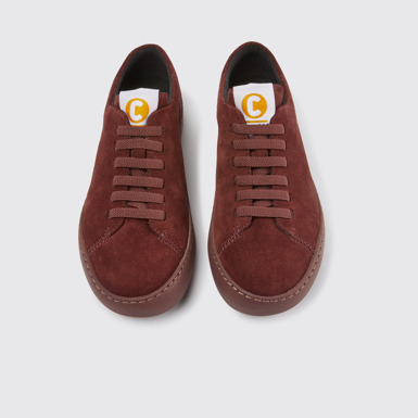 Overhead view of Peu Touring Burgundy suede sneakers