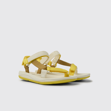 Front view of Match Yellow, white, and brown sandals for women