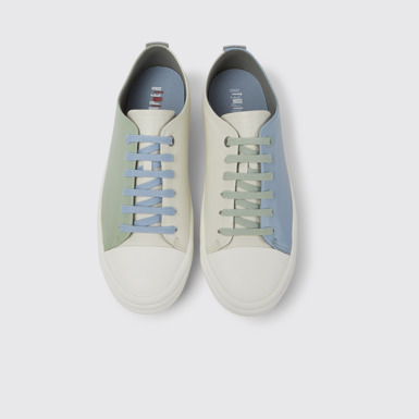Overhead view of Twins White, blue, and green leather sneakers for women