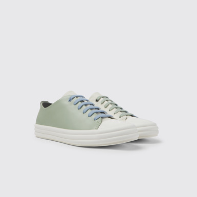 Front view of Twins White, blue, and green leather sneakers for women