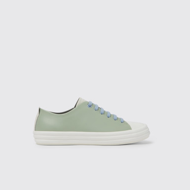 Side view of Twins White, blue, and green leather sneakers for women