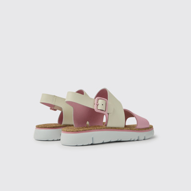 Back view of Oruga White and pink leather sandals for women