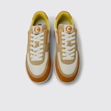 Overhead view of Drift White, beige, and orange nubuck sneakers for women