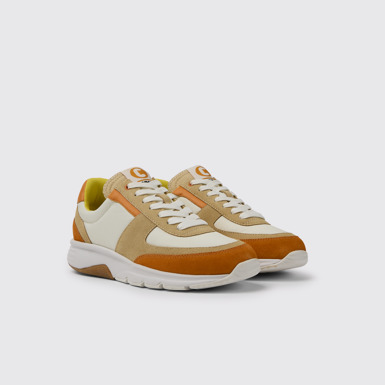 Front view of Drift White, beige, and orange nubuck sneakers for women