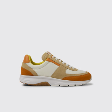 Side view of Drift White, beige, and orange nubuck sneakers for women