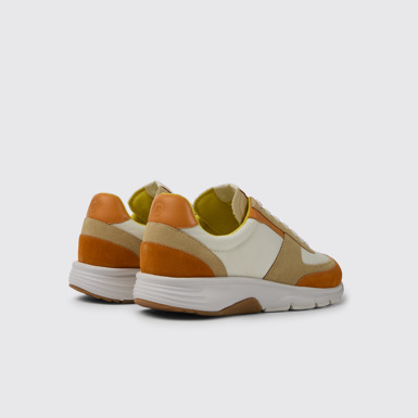 Back view of Drift White, beige, and orange nubuck sneakers for women
