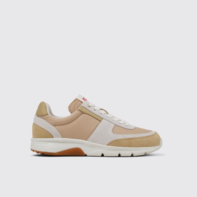 Side view of Drift Beige, white, and brown sneakers for women
