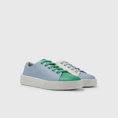 Front view of Twins Green, blue, and white leather sneakers for women