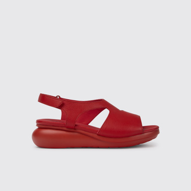 Side view of Balloon Red leather sandals for women