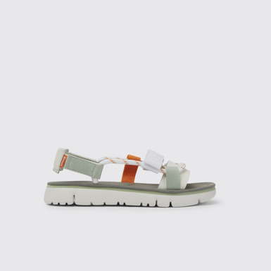 Side view of Oruga White, green, and orange sandals for women