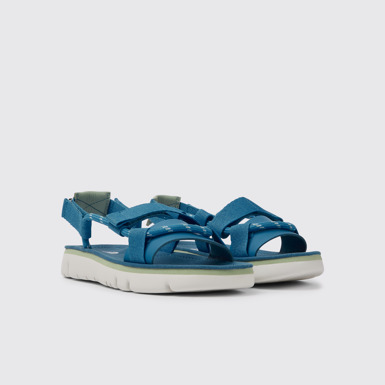 Front view of Oruga Blue and green leather sandals for women