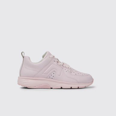 Side view of Drift Pink leather sneakers for women