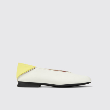 Side view of Casi Myra White and yellow leather ballerina flats for women