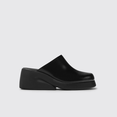 Side view of Kaah Black leather clogs