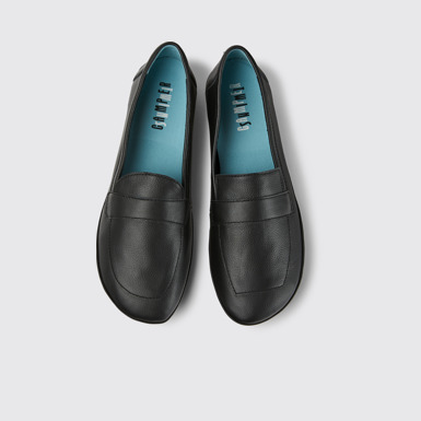Overhead view of Twins Black leather moccasins