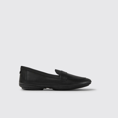 Side view of Twins Black leather moccasins