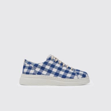 Side view of Runner Up Blue and white recycled cotton sneakers for women