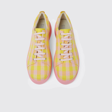 Overhead view of Runner Up Yellow and pink recycled cotton sneakers for women