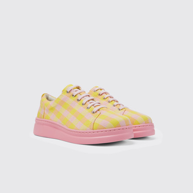 Front view of Runner Up Yellow and pink recycled cotton sneakers for women