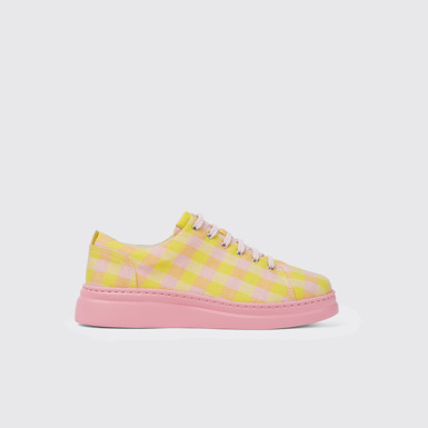 Side view of Runner Up Yellow and pink recycled cotton sneakers for women