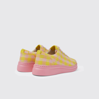 Back view of Runner Up Yellow and pink recycled cotton sneakers for women