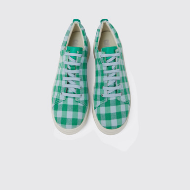 Overhead view of Runner Up Green and blue recycled cotton sneakers for women