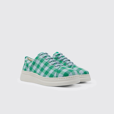 Front view of Runner Up Green and blue recycled cotton sneakers for women