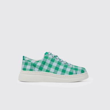 Side view of Runner Up Green and blue recycled cotton sneakers for women