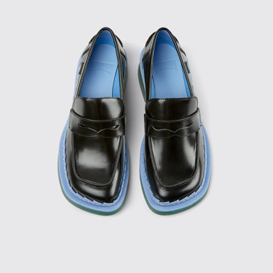 Overhead view of Taylor Black, blue, and green leather loafers for women