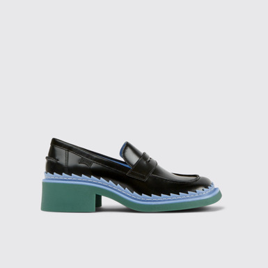 Side view of Taylor Black, blue, and green leather loafers for women