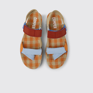 Overhead view of Oruga Up Beige, blue, and red sandals for women