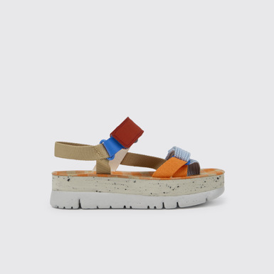 Side view of Oruga Up Beige, blue, and red sandals for women