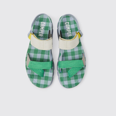 Overhead view of Oruga Up Blue, green, and grey sandals for women