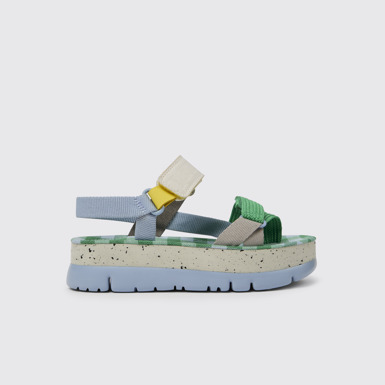 Side view of Oruga Up Blue, green, and grey sandals for women
