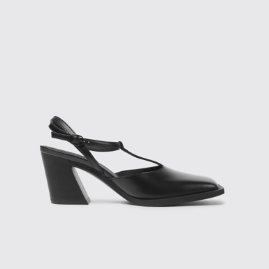 Side view of Karole Black leather T-bar shoes for women